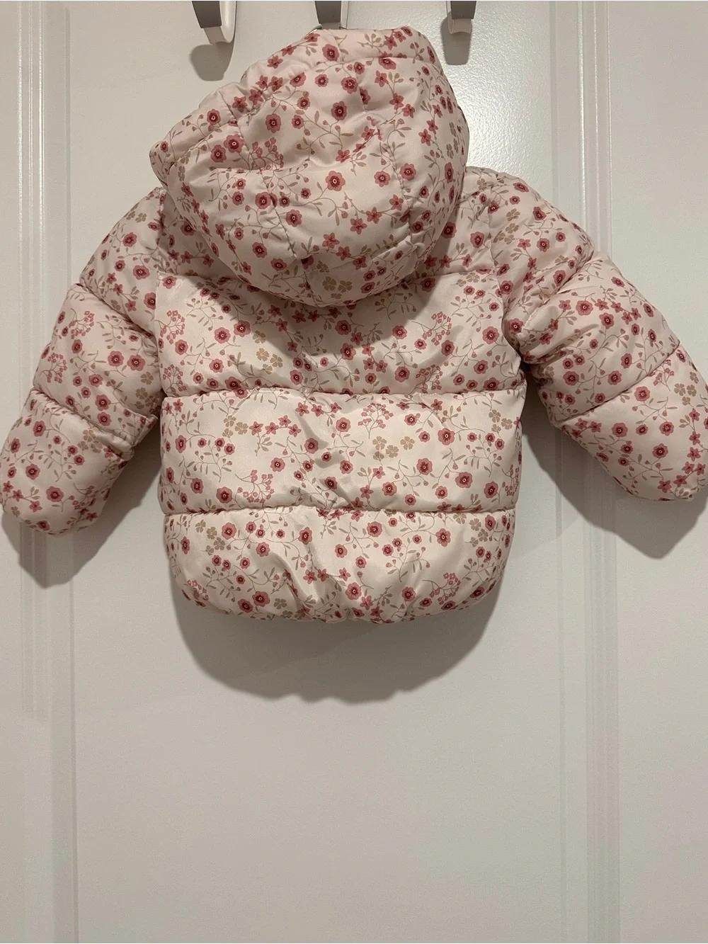 H&M Baby Girl Cream Puffer Jacket with Pink Floral Print